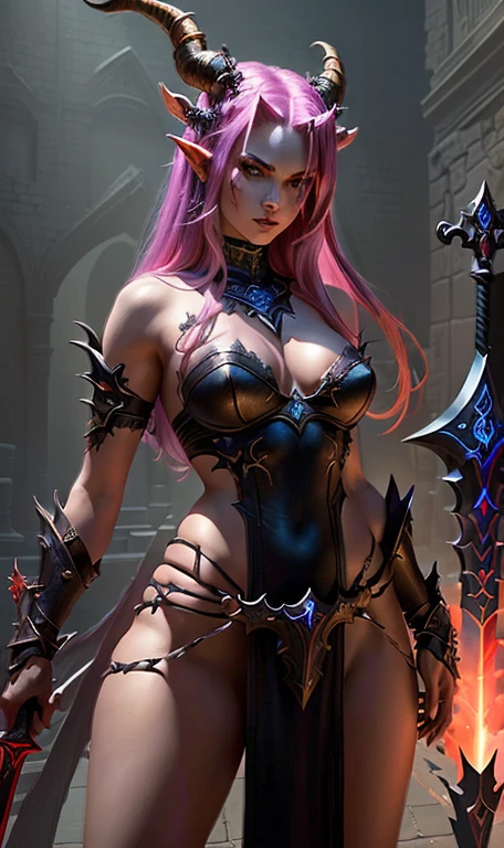 naked woman with horned head and sword in hand, beautiful female killer, epic character art, epic exquisite character art, tiefling, female killer, Amazing character art, diablo 4 Lilith, she is ready to fight, Video game character, Lilith, based on Emily Shanks, she has fire power, Katharina from League of Legends