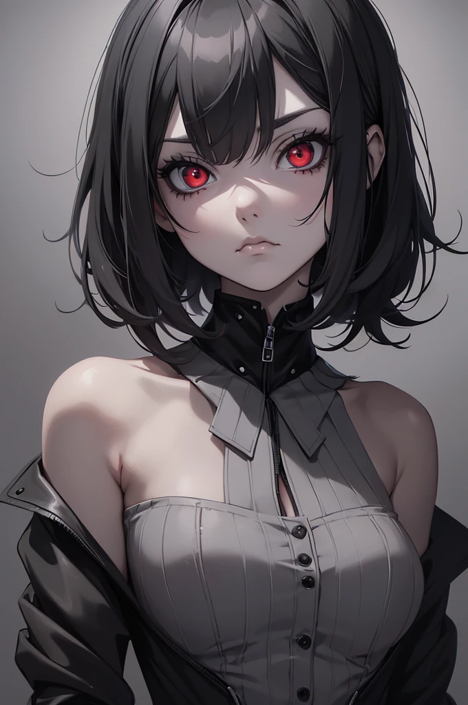 (digital painting),(best quality), masterpiece, 8k resolution, (grey background:1.4), anime girl, one girl, solo, goth girl, pale skin, seducing, (sad face: 1.2), big eyes, (red eyes:1.2) detailed eyes, cute girl, short hair, black hair, dynamic lighting