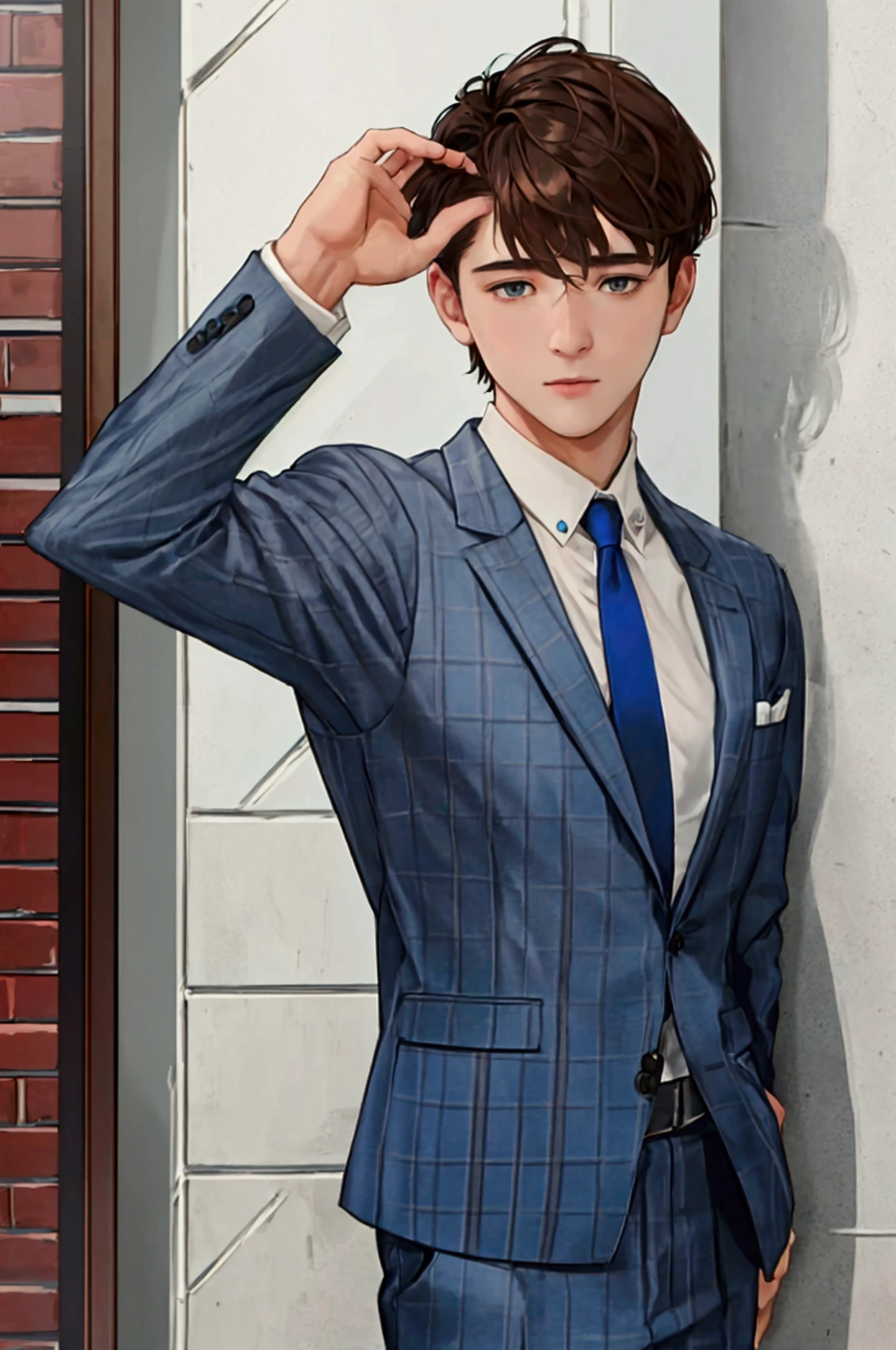 #Uncle Ike #Face facing left #Looking slightly out of the corner of my eye #Hairstyle(a little brown hair、Short Hair、refreshing) #A cool blue checked suit #refreshingな笑顔 #The background is warm