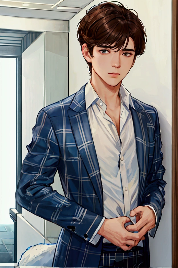 #Uncle Ike #Face facing left #Looking slightly out of the corner of my eye #Hairstyle(a little brown hair、Short Hair、refreshing) #A cool blue checked suit #refreshingな笑顔 #The background is warm
