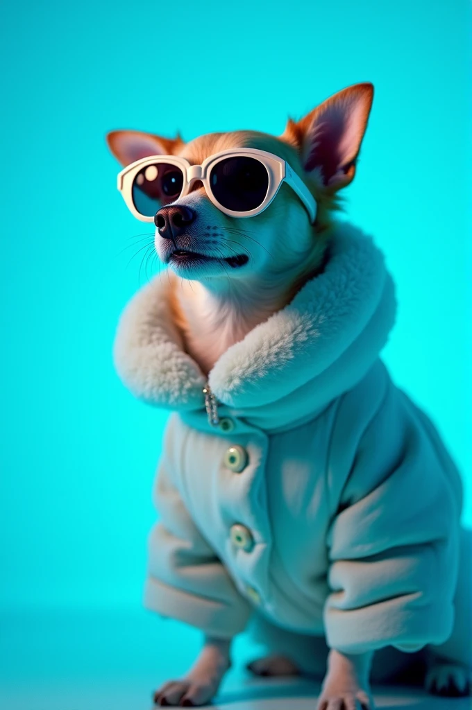 The best cell phone wallpaper, Award-Winning Wallpaper, portrait photography, In the front view is a portrait of a cute dog wearing mid-1960s space age fashion, Side view photo, Shot with Canon EOS R5, Set a strong contrast that accentuates the subject, Fluorescent blue tone, Wearing a very modern coat and sunglasses is a modern 1960s style, Clothes all in one color, beautiful background