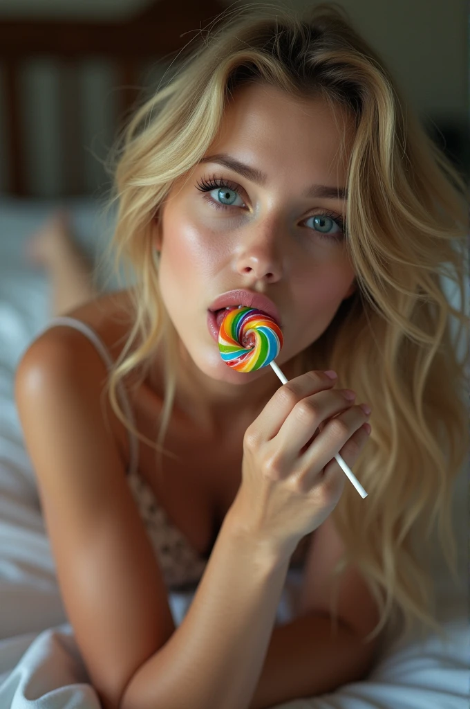 (full body shot:1) photorealistic image of a (laying pose:1) woman, ultrarealistic, photography, long blonde hair, woman, 24 years old, hourglass figure, perfect body, Flirty look, natural medium breasts, blur background, her wet tongue licking a thick and long rainbow-coloured spiral lollipop, a little bit of saliva is dripping from her tongue, seductive look, long eyelashes, cat-eye make-up, cleavage, thigh, short skirt, sexy