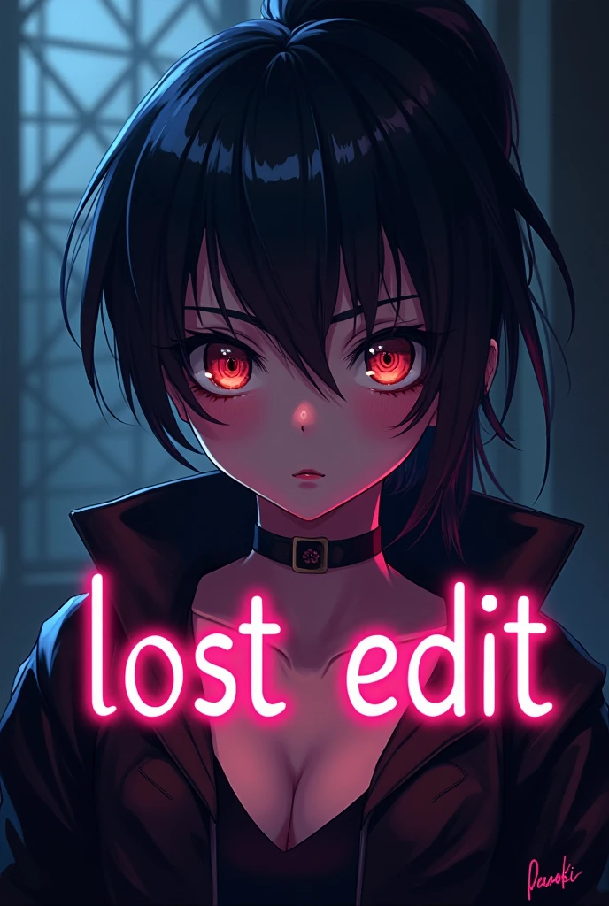 Create an Instagram profile picture with a dark, mysterious vibe. The image should feature an anime character with a unique, eye-catching appearance. The character should have striking eyes, a stylish hairstyle, and a confident expression. The background should be dark, with subtle patterns or gradients that enhance the character's presence. Include the text 'Lost Edit' in a stylish, glowing font, with colors that complement the character's design. Ensure the overall look is both captivating and professional."