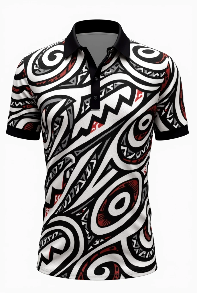 Create collar shirt black collar black red white Maori tribe pattern white background 