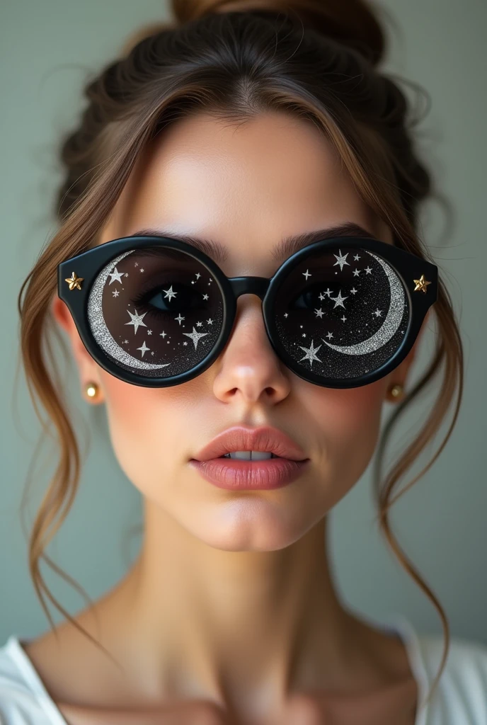 The model is wearing glass sunglasses with stars and the moon on the glass
