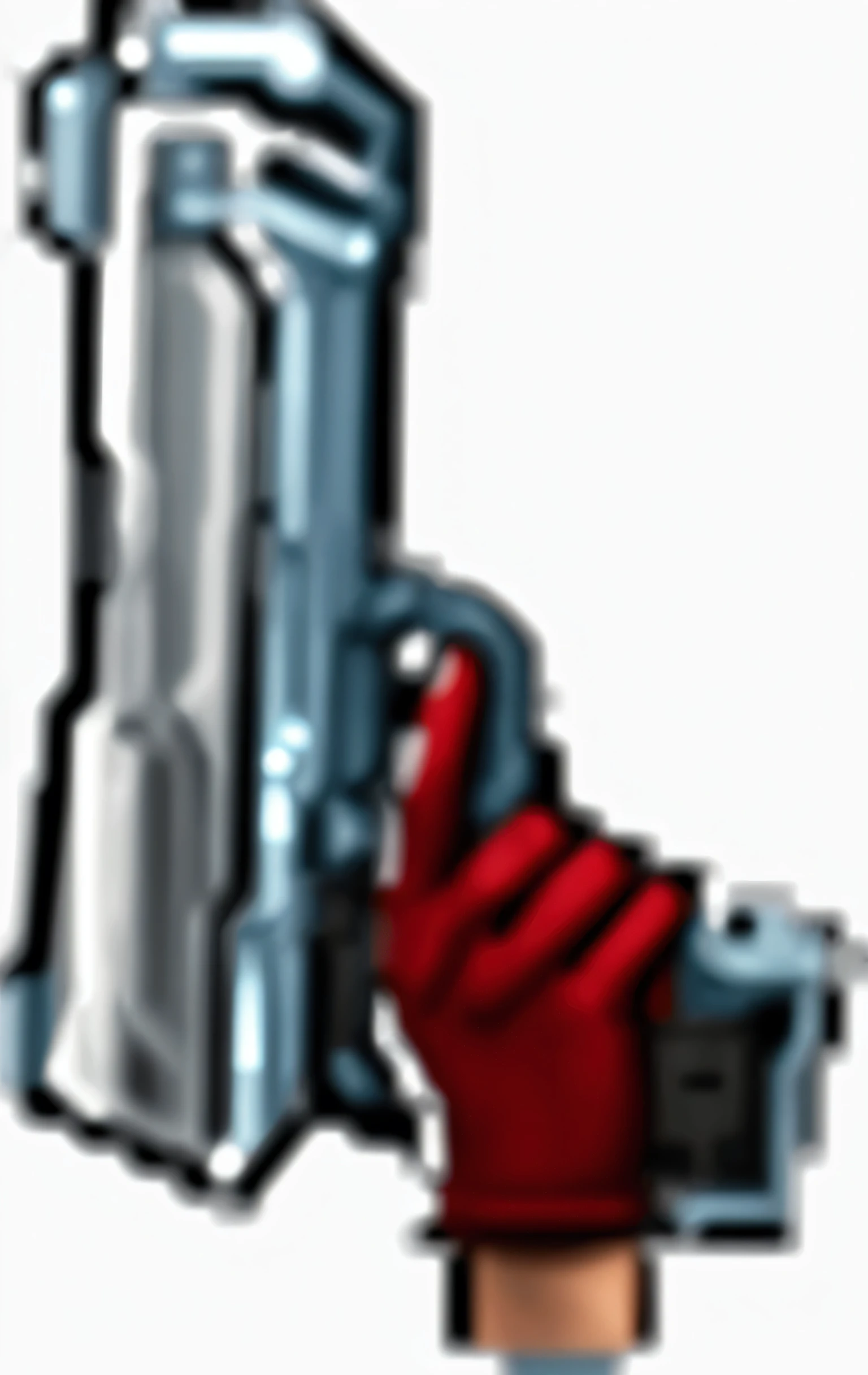a close up of a person holding a red glove near a silver stove, big robot hand, left hand, item art, handheld, rpg item, detailed image, three - quarter view, widescreen shot, buster sword, tech art, three quarter view, mid view, portal gun, video game item, eboy, plasma gun, nintendo, tight shot, finger