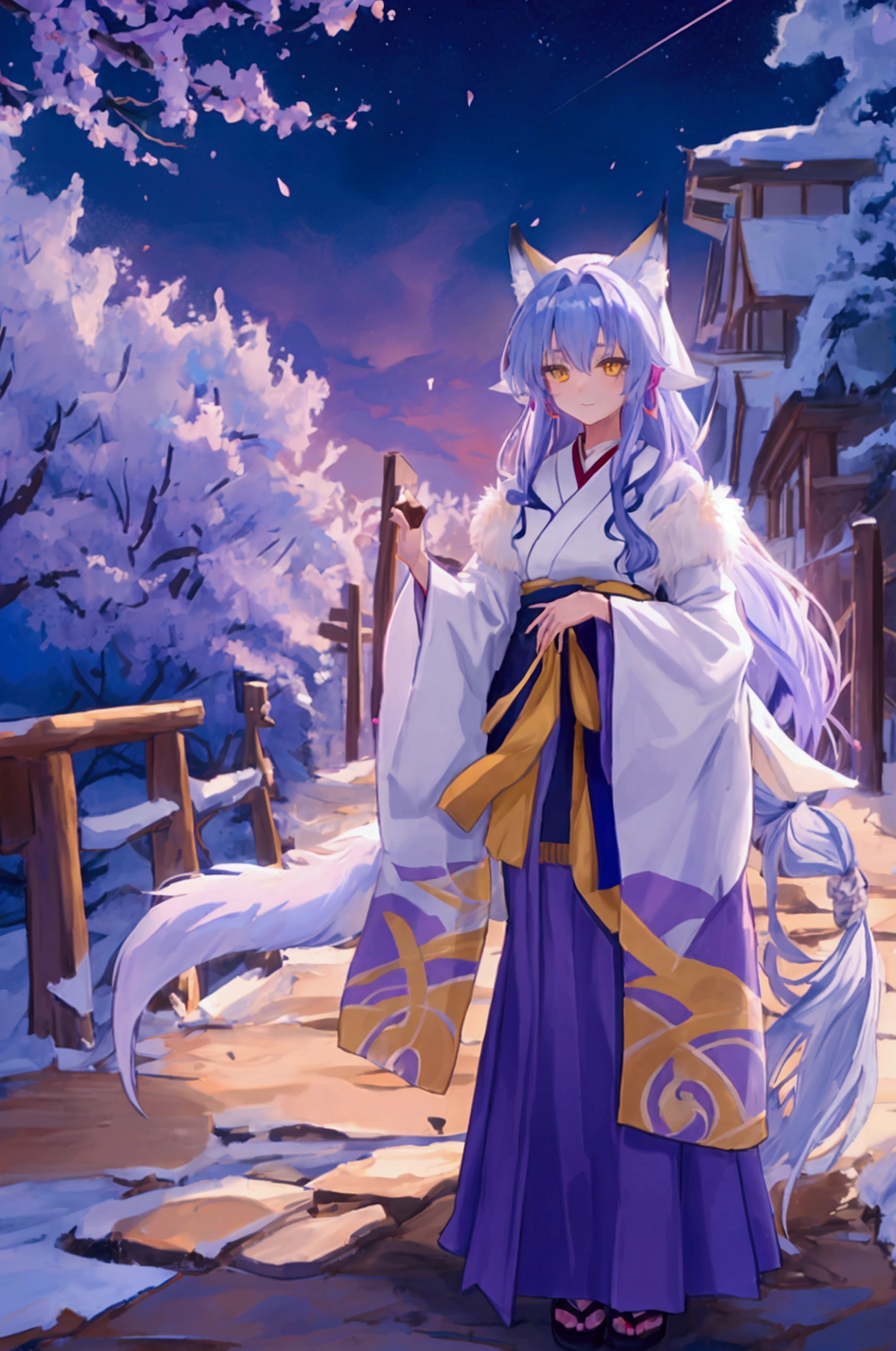 fox Light blue hair beast girl indigo fur fox beast girl Sesshomaru, Yellow eyes, Anime, Perfect face, Perfect Lighting, Outdoors, Warm colors, Dark purple sky, Autumn sunset, \(inuyasha\), Bearing Claw, Ready to fight wave, koi fish, anime artstyle, wide view, fluffy. yellow fox, marking under the eyes, crystal antler ,violet eyes, wearing bandanna, flower petals, Ambient light,Ultra-fine fur,volumettic light,natural lightting,fox tail,nevando,35mm。High quality, high detal, Best quality, hyper HD,individual,Single