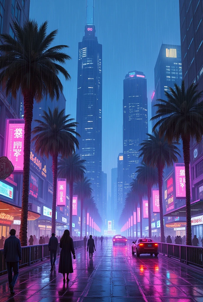 Oil painting of a futuristic street, tall buildings in a distance,bright purple and blue lights, billboards, people walking on footpath, and cars on the street. Night time, raining, very realistic, a couple of palm trees in the walk way