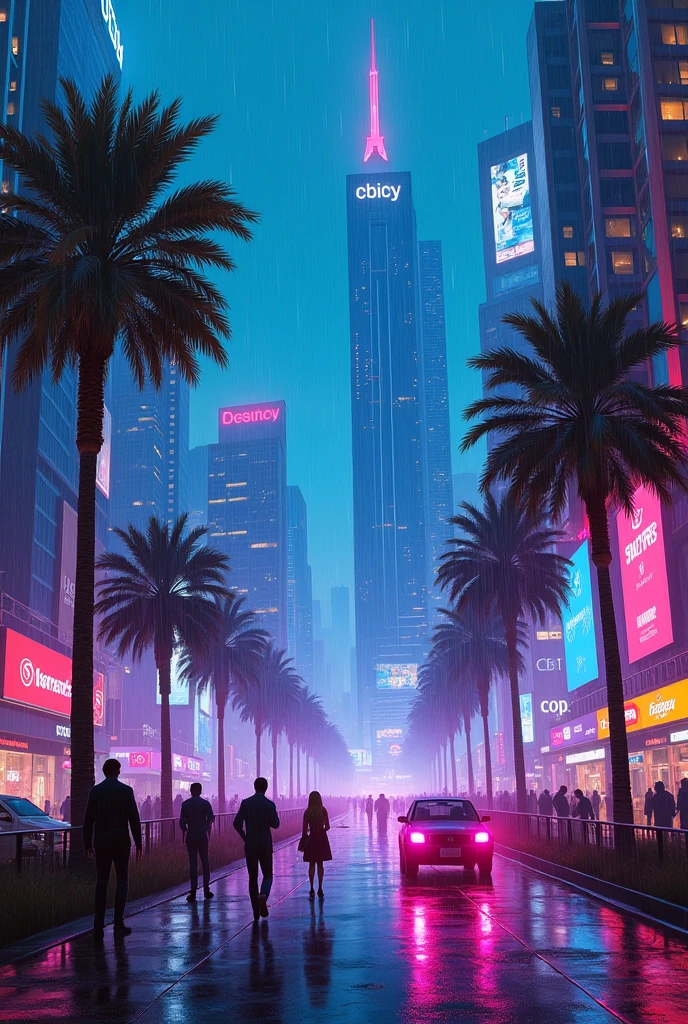 Oil painting of a futuristic street, tall buildings in a distance,bright purple and blue lights, billboards, people walking on footpath, and cars on the street. Night time, raining, very realistic, a couple of palm trees in the walk way