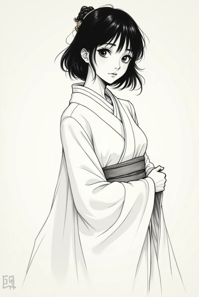 oil painting sketch with visible manga ink strokes of a lovely Japanese woman, her eyes looking to the side, dressed in white, full length, by artist Kawanabe Kyōsai meeting Yoshitaka Amano, black and white color scheme