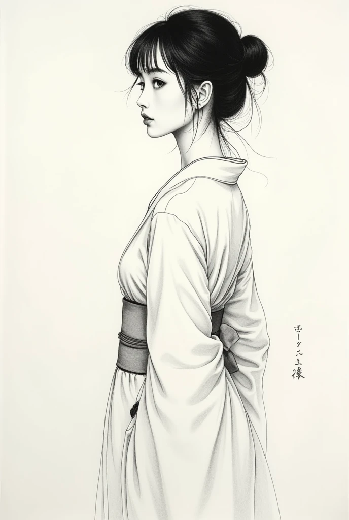 oil painting sketch with visible manga ink strokes of a lovely Japanese woman, her eyes looking to the side, dressed in white, full length, by artist Kawanabe Kyōsai meeting Yoshitaka Amano, black and white color scheme