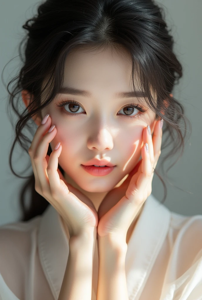 beautiful korean woman、Long and beautiful upper eyelashes、Beautiful lower lashes、Beautiful hair、Beautiful hands、Hands on face