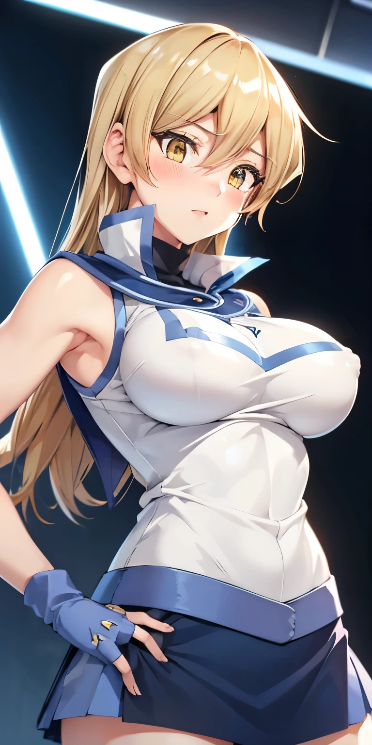 1 Female,High definition,high resolution,Ultra-realistic,8K, ta1,blonde hair,long hair,yellow eyes, white jacket, sleeveless, blue skirt,tight skirt , miniskirt,fingerless gloves,European,sexy,Upper body close-up,Photographed from the front,Dynamic Angles,private teacher,blush, big tits, (nipples) ,show ,4k, high resolution, detailed face,((upper body))