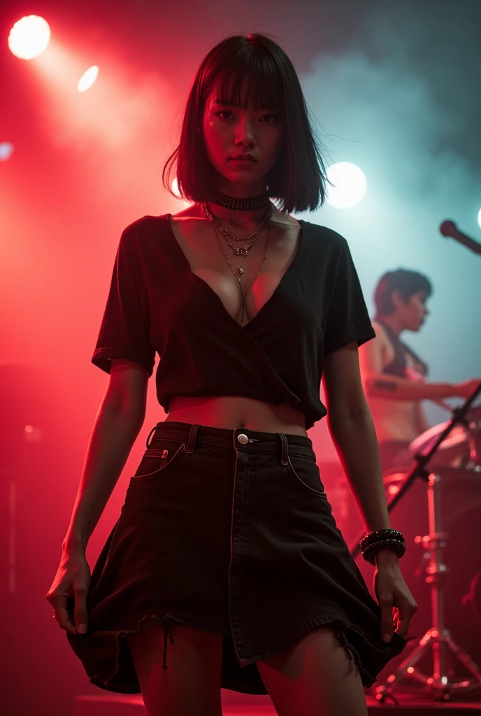 ペニスが押し込めるほどLarge Breastsの谷間、Live footage、18-year-old female。Asian woman with short bob、Straight hair、punkバンド、skirt、Beautiful Face、punk、Black T-shirt、Large Breasts、Suzu Hirose、Live house stage lighting、smoke、haze、Alice Hirose、Solo artist、skirtめくり、View audience seats、smile、