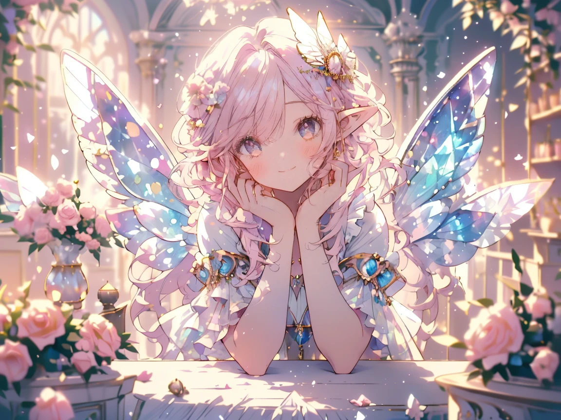 (masterpiece,Highest quality, Very detailed, beautiful, Exquisite, 16K, Full HD), (sunlight,sunny,Petals fluttering,garden),((smile,Happy:1.5)),((Frills, Rhinestones and flowers,Sparkling fluffy layered ball gown)), Lots of flowers,Floral decoration,((Surrounded by roses)),((Butterfly Wings)),(Pink medium hair,Hair blowing in the wind, Wavy Hair,Fluffy hair),(White skin,Lavender eyes, Long eyelashes, Big eyes,Pale pink cheeks, Pointed Ears),Dazzling Light, Warm lighting, (pastel colour,Tabletop, Art Station, Fantasy art:1.2),