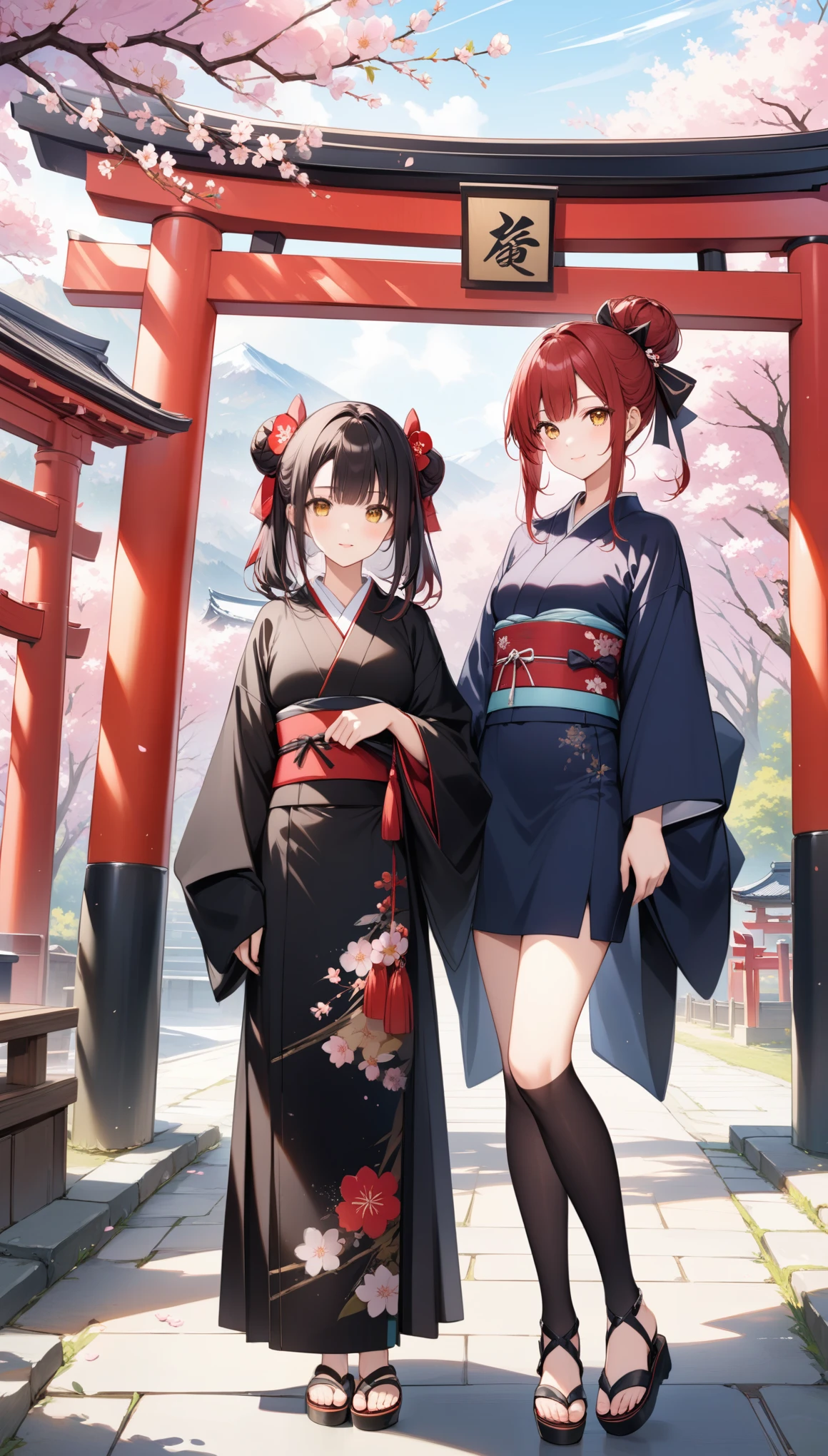 ((masterpiece,Highest quality)),Two people, black kimono, Black legwear, black ribbon, Black Hair, cherry blossoms, Day, flower, Hair Bun, hair ribbon, kimono, kimono, Long Hair, View your viewers, Recall , plural, belt, Outdoor, Red eyes, Redhead, ribbon, Sandals, Single Pan, stage, Are standing, picture, torii, wood, white kimono, Yellow Eyes,
