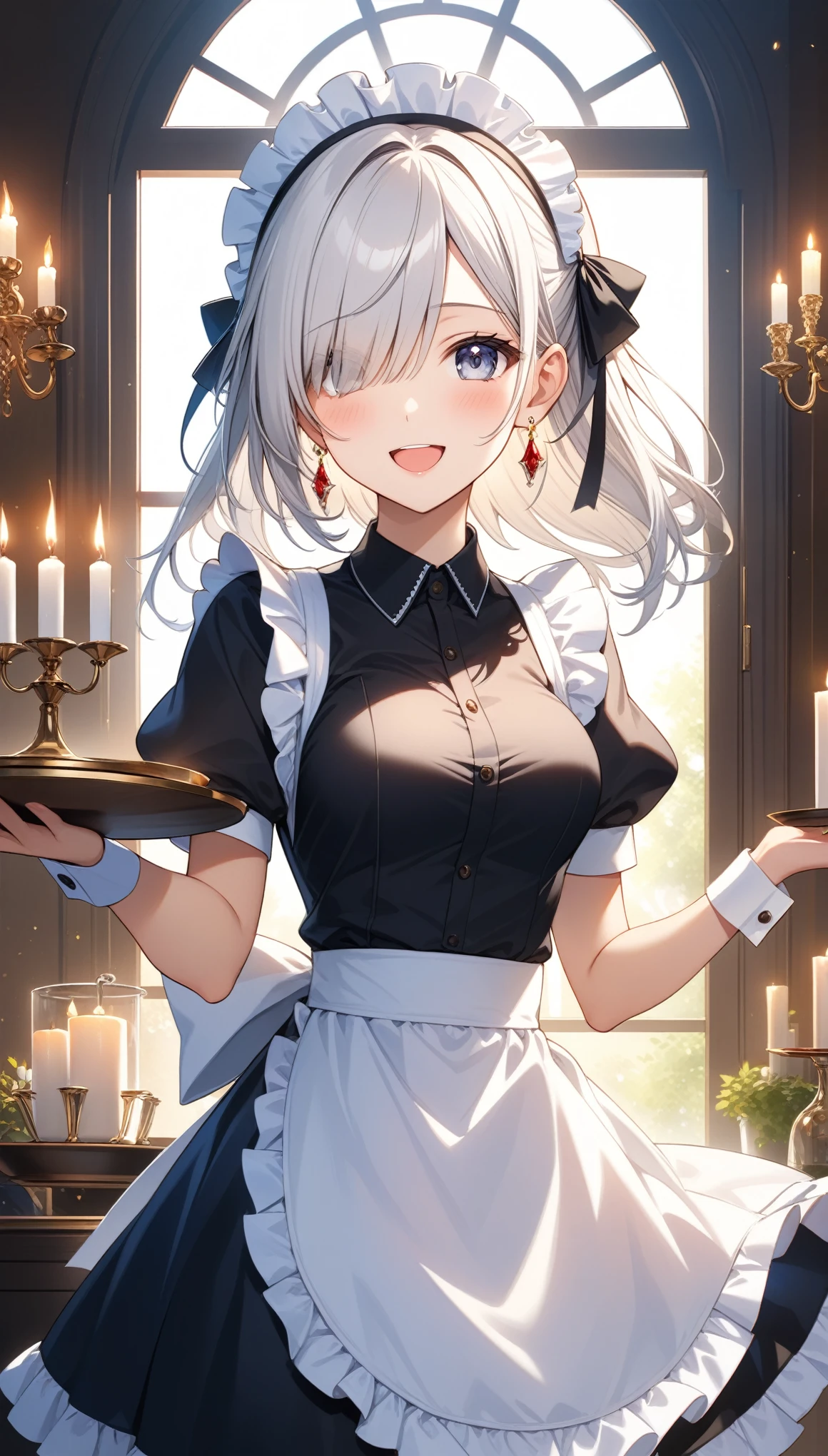 1girl, solo, long hair, breasts, looking at viewer, blush, smile, open mouth, bangs, dress, ribbon, holding, jewelry, medium breasts, hair ribbon, white hair, short sleeves, :d, cowboy shot, earrings, frills, puffy sleeves, indoors, hair over one eye, apron, black dress, puffy short sleeves, wrist cuffs, grey eyes, maid, maid headdress, window, white apron, maid apron, tray, frilled apron, candle, holding tray, chandelier, ((32k)), ((best quality)), ((ultra high res)), ((HDR)), ((UHD)), ((extremely detailed CG)), ((unity 32k wallpaper)),