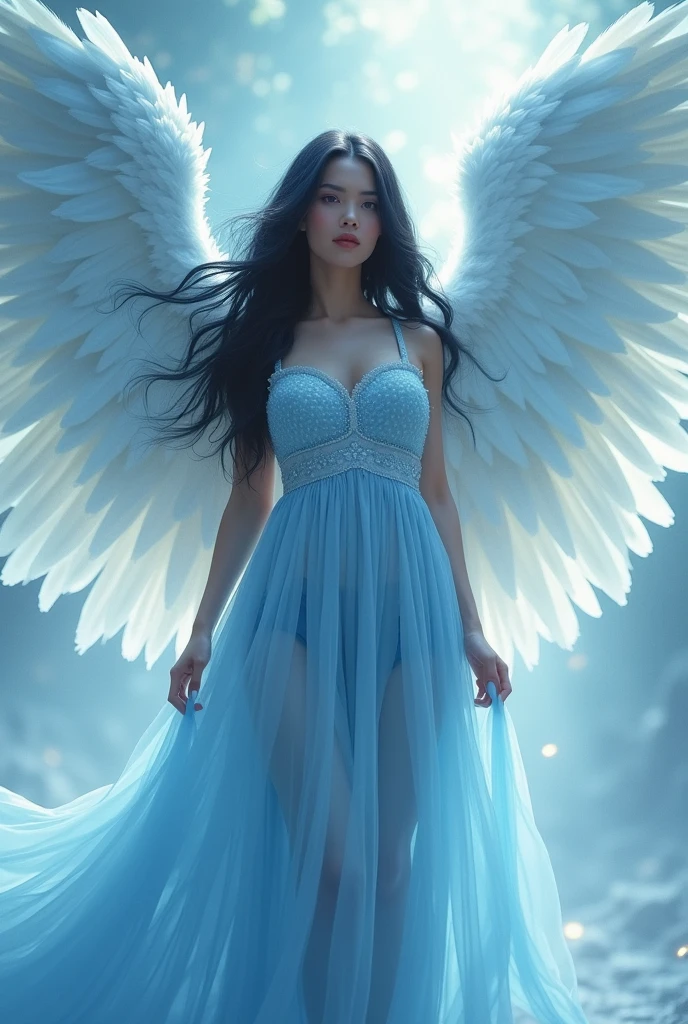 Woman angel with wings light blue clothing black hair Extra large breast 