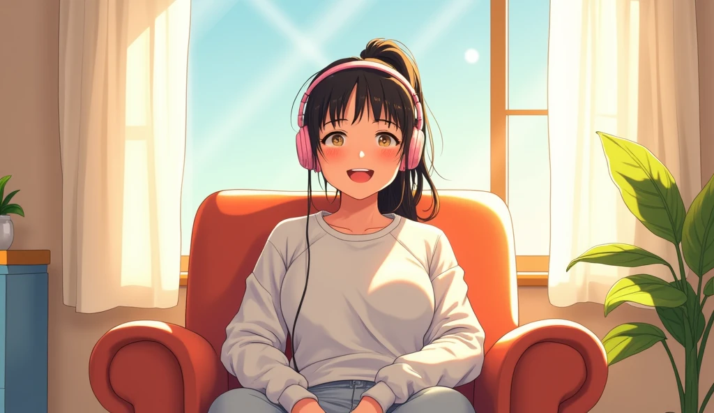 morning、Listen to music in the room、Sit on a chair、high school girl、Big Breasts、 smile、relax、White sweatshirt、ponytail、Use headphones, Bright environment、2D-style animation, Lo-Fi、Retro、Anime style illustrations、Line art with clear outlines