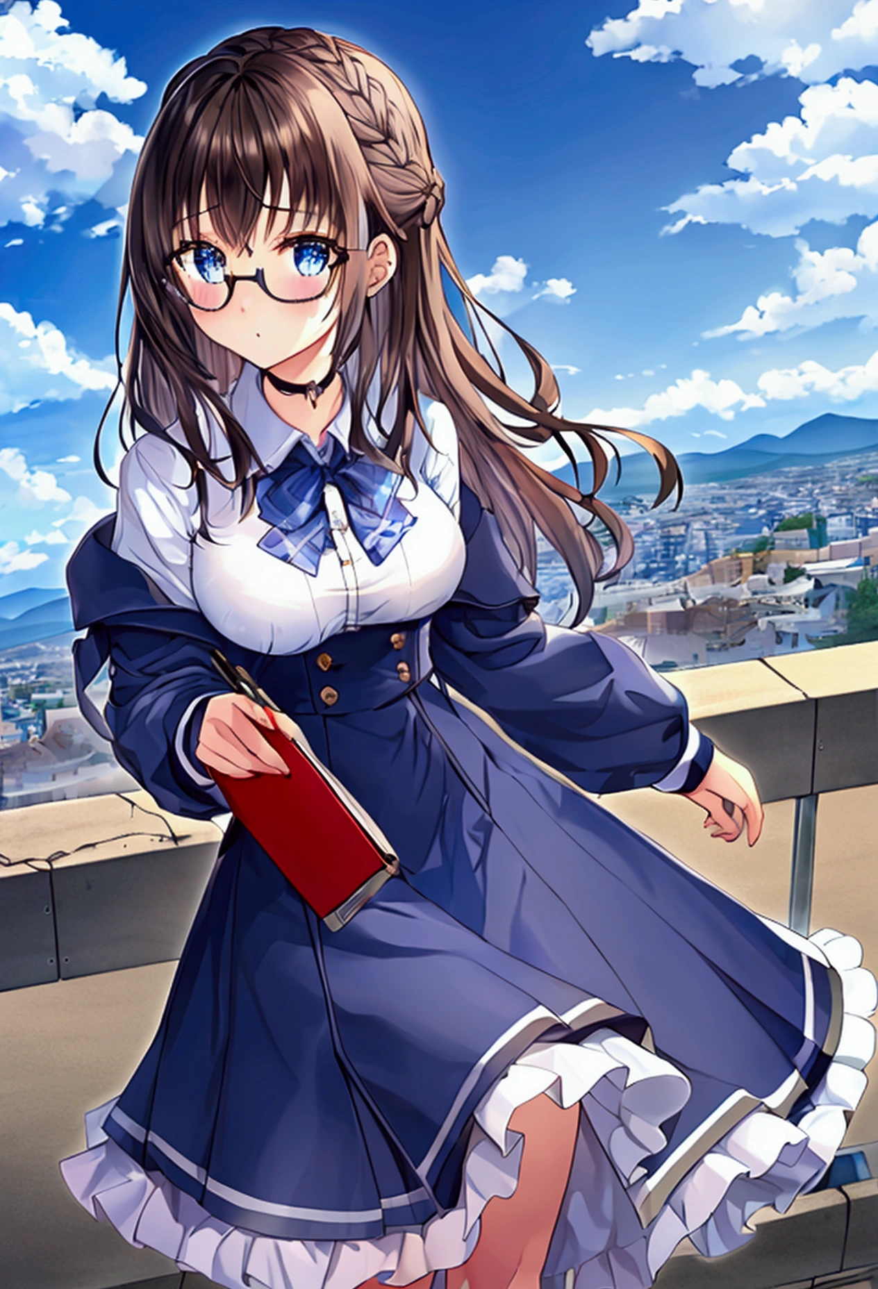 (Extremely detailed and high-quality illustrations)A high school girl wearing blue and white JK stands on the top of the mountain,Overlooking the city in front and the wasteland in the distance,Hands holding vintage notebook and pen,The girl's hair and eye color are both dark brown,And a well-proportioned figure,Wearing black frame glasses