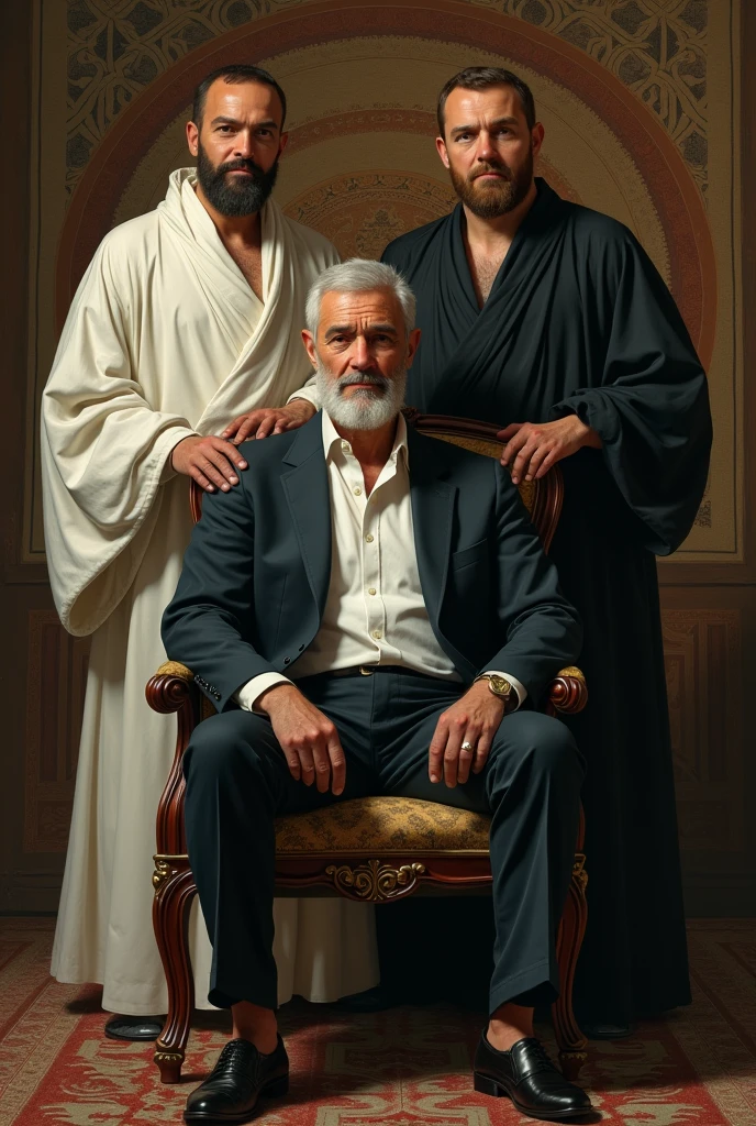 painting of a man sitting in a chair with two other men standing behind him one man will be in white colour and another man will be black colour Behold the hyperrealistic tapestry, intricately woven and softly lit, trending on ArtStation, an 8K marvel by Leonardo da Vinci