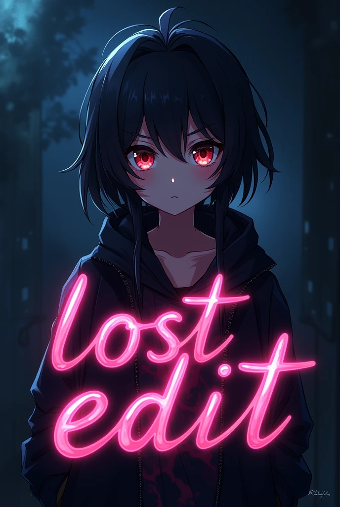 Create an Instagram profile picture with a dark, mysterious vibe. The image should feature an anime character with a unique, eye-catching appearance. The character should have striking eyes, a stylish hairstyle, and a confident expression. The background should be dark, with subtle patterns or gradients that enhance the character's presence. Include the text 'Lost Edit' in a stylish, glowing font, with colors that complement the character's design. Ensure the overall look is both captivating and professional."