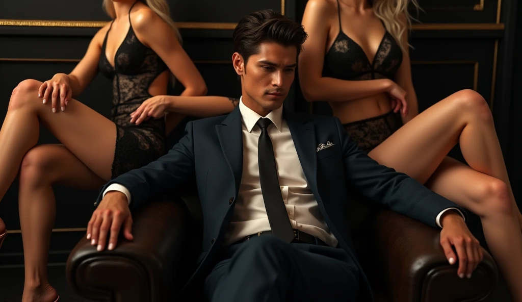 a stylish man in a suit and tie reclining while laying flat, with multiple girls laying around him, their legs visible in the frame, (best quality,4k,8k,highres,masterpiece:1.2),ultra-detailed,(realistic,photorealistic,photo-realistic:1.37),HDR,UHD,studio lighting,ultra-fine painting,sharp focus,physically-based rendering,extreme detail description,professional,vivid colors,bokeh,portrait,high fashion,elegant,glamorous,cinematic,dramatic lighting,moody,mysterious,sensual,sophisticated