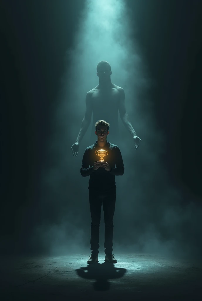 “Design a dark, eerie image of a person in a spotlight, standing confidently on a stage while holding a glowing award. Behind them, in the shadows, is a ghostly, blurred figure reaching out as if trying to reclaim what was taken from them. The background should be a vast, empty void, emphasizing the loneliness and deception behind the façade of success.”