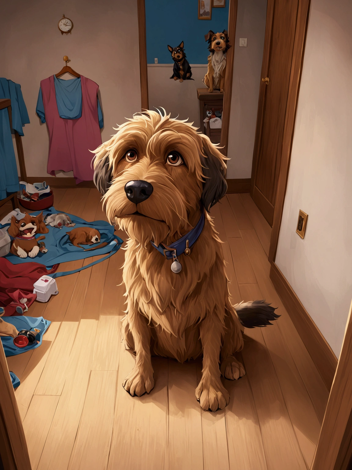 there is a dog cartoon charater in disney style that is sitting on the floor in the room, scruffy looking, looking straight to camera, by Romain brook, by Emma Andijewska, looking straight to the camera, selfie of a dog, his hair is messy and unkempt, retired barney, cute furry needs your help, portrait zeus, by Petr Brandl, looking smug