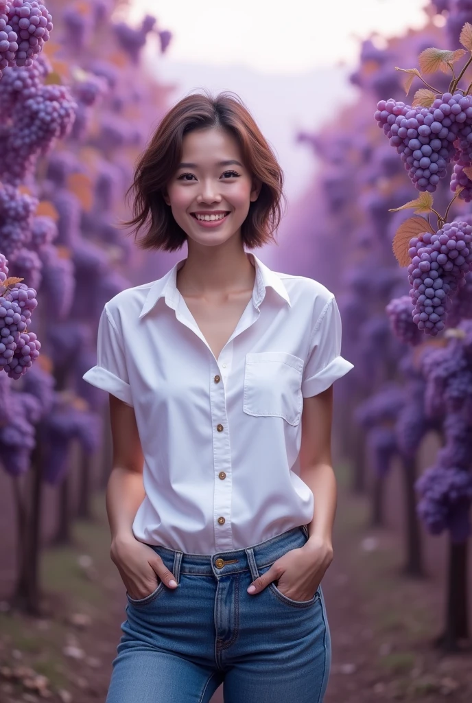 Beautiful Thai woman short brown hair wearing white shirt and blue jeans, standing in front of purple grape garden, purple atmosphere
