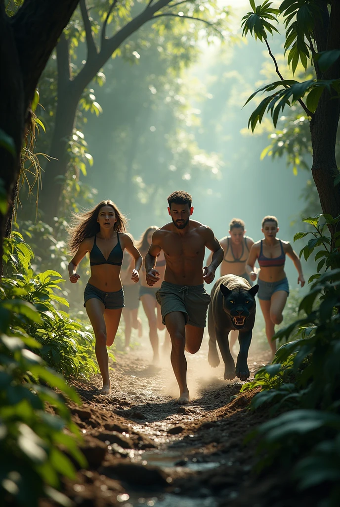 Creat Cinimetik 3d style "Running Towards the Cave: The group running through the jungle with the panther chasing them.
