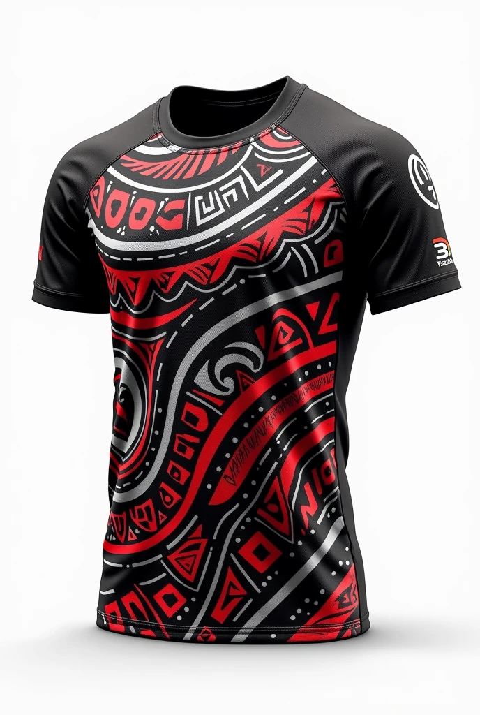Create rugby jersey black round neck black red white Maori tribe pattern white background
