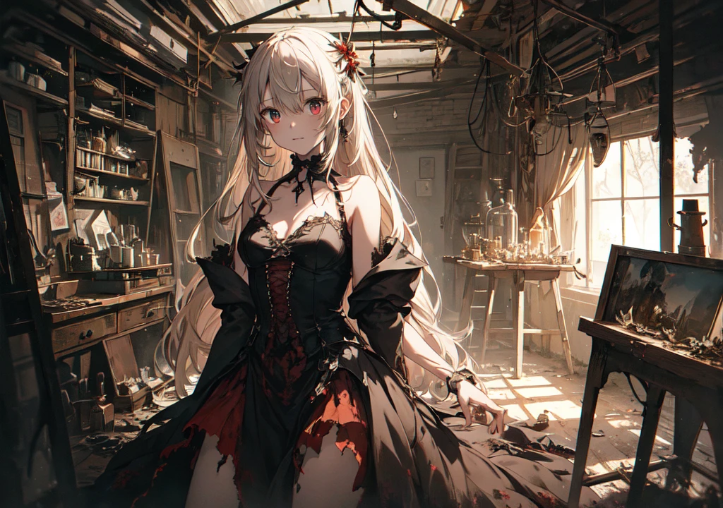 Realistic photos, Focus distance 10mm, Red and white, Beautiful girl, Realistic photos, Shooting at focus distance 10mm, masterpiece, 最high quality, high quality, Very detailed CG 8k wallpaper unit, Award-winning photography, Depth of written boundary, High resolution, bloom, chromatic aberration, Realistic, Very detailed, Art Station Trends, CGsociety Trends, Complex, High detail, dramatic, Art on the go, volumetric lighting, Create an image of a beautiful girl in a Disney Princess style, set in a spooky, eerie laboratory environment. She should have an enchanting but slightly eerie appearance, with a gown that has hints of both elegance and unsettling elements. The background should feature a dark, twisted version of a mad scientist’s laboratory, with rusty instruments, broken cages, and jars of strange parts. Add in some ghostly, zombified figures lurking in the shadows to enhance the spooky atmosphere. The overall mood should balance magical charm with a touch of macabre, creating a haunting yet captivating scene