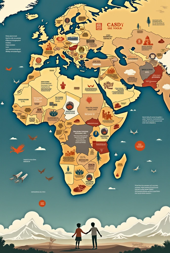 A detailed illustration showing a global map highlighting areas most affected by hunger, such as parts of Africa, Asia, and Latin America. The image includes representations of the causes of hunger, like conflict zones, drought-stricken lands, and impoverished communities. Include symbols of global cooperation, such as hands coming together, grains, and food aid distribution. The color palette should evoke a sense of urgency but also hope, with contrasting shades of dark and light. The visual should emphasize the global nature of hunger while also hinting at solutions, such as agriculture and community support.