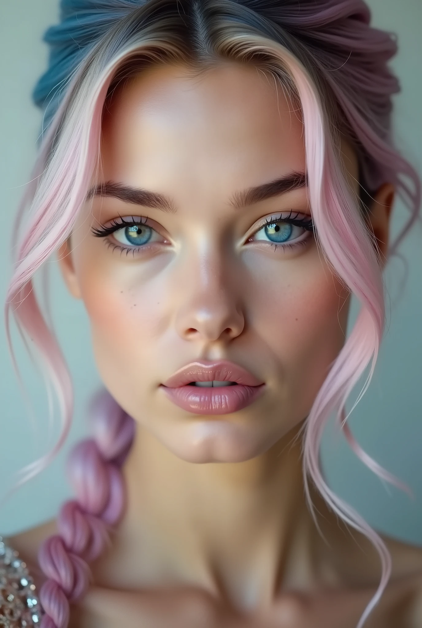 Create a close-up portrait of a stunningly beautiful Scandinavian woman with fair, flawless skin, and deep blue eyes. She mid length, flowing pink and blue gradient hair in ponytail. Her facial features are delicate and symmetrical, with high cheekbones, a well-defined jawline, and full lips with a natural pink hue. The lighting should be soft and flattering, enhancing her natural beauty, and the background should be neutral to keep the focus on her face. She should have a seductive sexy expression.