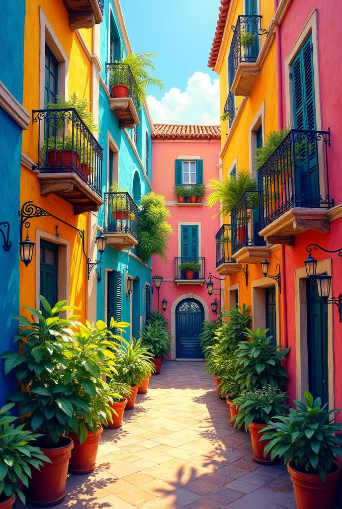 A Painting Of A Courtyard With Colorful Buildings. This vibrant painting depicts a courtyard surrounded by colorful buildings. The courtyard is filled with lush green foliage and is illuminated by the warm sunlight. The buildings feature a variety of vibrant colors,including blues,yellows,and pinks.