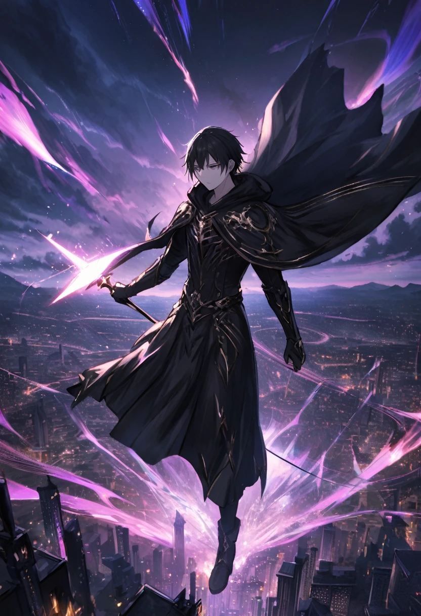 a character from the anime I Want to Become a Shadow Powerful, Shido Kageno, black short hair, wearing a black hooded cape with gold trim, all-black outfit, dark expressionless, holding a dull shining rapier up to the sky, floating in the sky above a European-style city, background, ominous swirling white and purple clouds, night sky, iridescent cosmic rays bursting, conceptual installation art, (ultra detailed, absolutely resolution, best quality:1.3), 2.5D, delicate and dynamic effects, artistic, hyper, graphic CG digital fantasy art