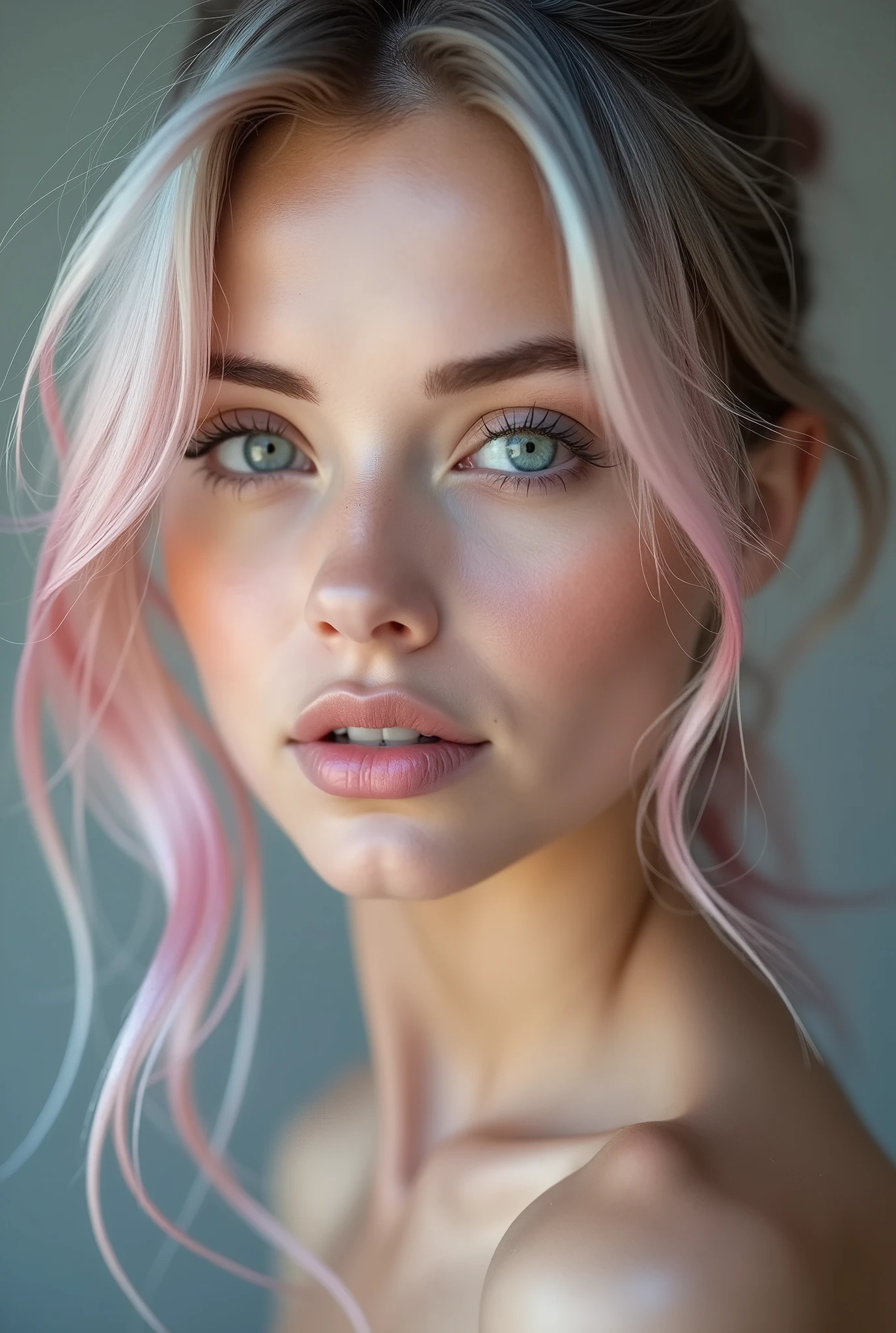 Create a close-up portrait of a stunningly beautiful Scandinavian woman with fair, flawless skin, and deep blue eyes. She mid length, flowing pink and blue gradient hair in ponytail. Her facial features are delicate and symmetrical, with high cheekbones, a well-defined jawline, and full lips with a natural pink hue. The lighting should be soft and flattering, enhancing her natural beauty, and the background should be neutral to keep the focus on her face. She should have a seductive sexy expression. 