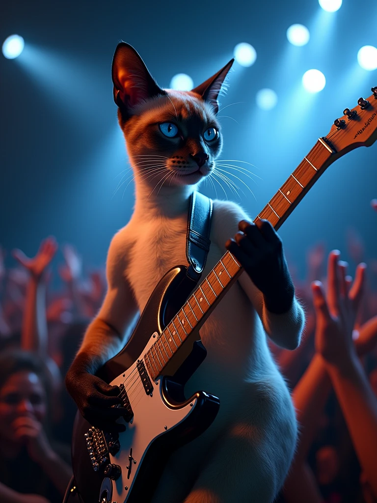 A Siamese cat playing guitar at a rock and roll performance,
