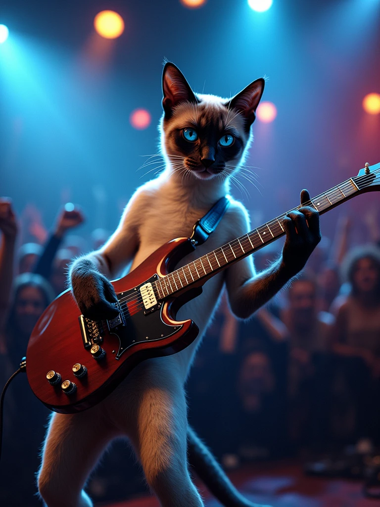 A Siamese cat playing guitar at a rock and roll performance,