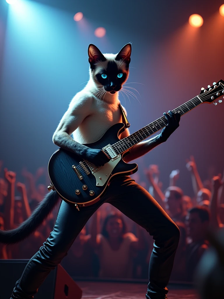 A Siamese cat playing guitar at a rock and roll performance,