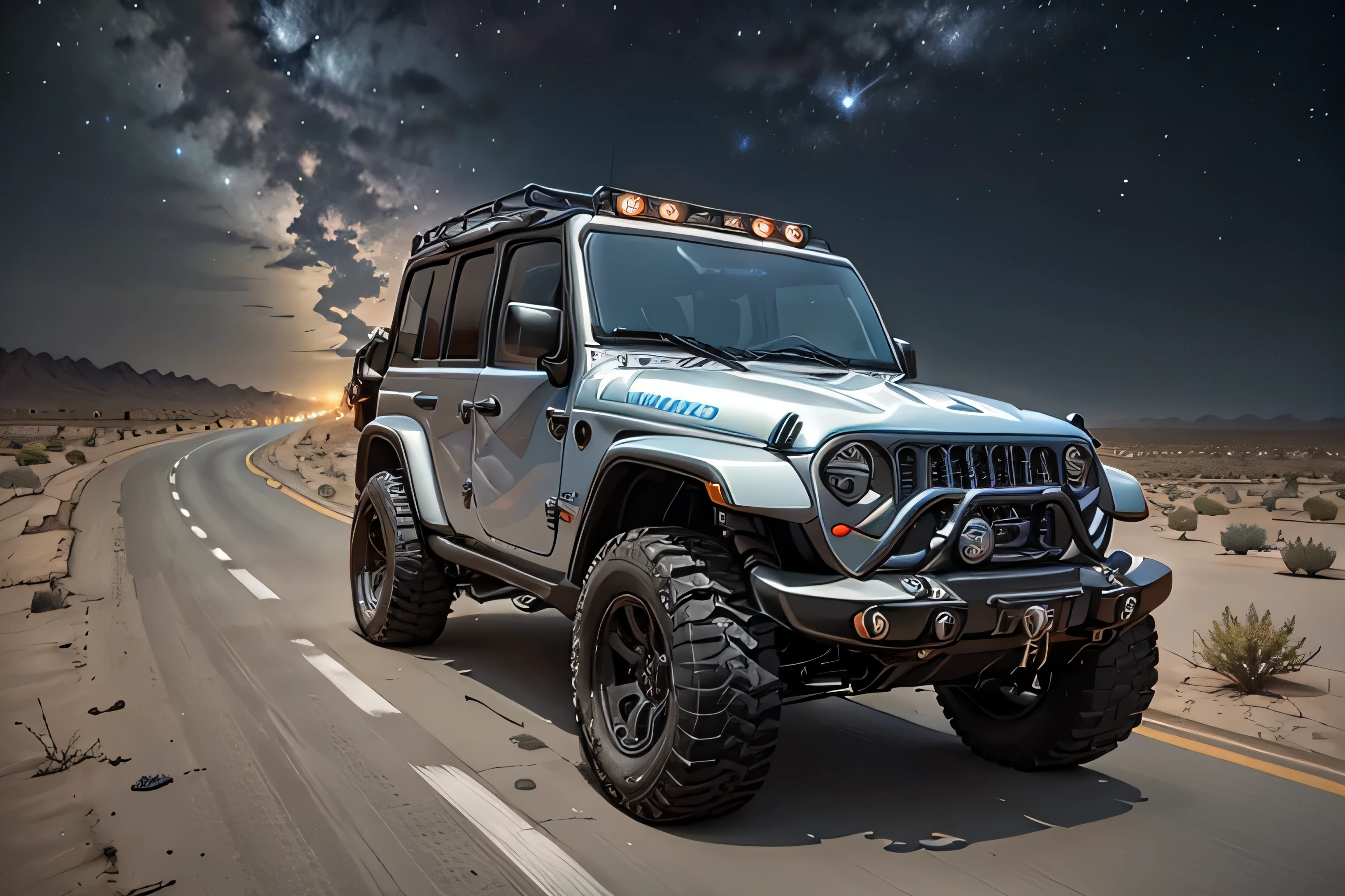 A domineering jeep is speeding on the road under the starry sky in the desert at night,Excellent perspective,Switch to a dark-colored vehicle,Real photography