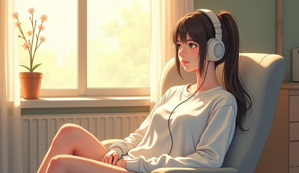 morning、Listen to music in the room、Sit on a chair、high school girl、Big Breasts、 relax、White sweatshirt、ponytail、Use headphones, Bright environment、2D-style animation, Lo-Fi、Retro、Anime style illustrations、Line art with clear outlines