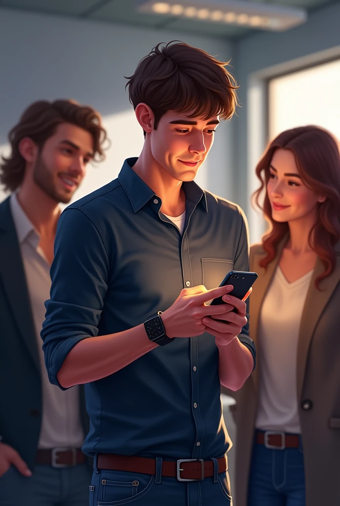 The men also became happy after seeing the girl's thank you message on Instagram on his phone, the boy is wearing a dark blue shirt, jeans and a smart watch, and the boy is still in the office