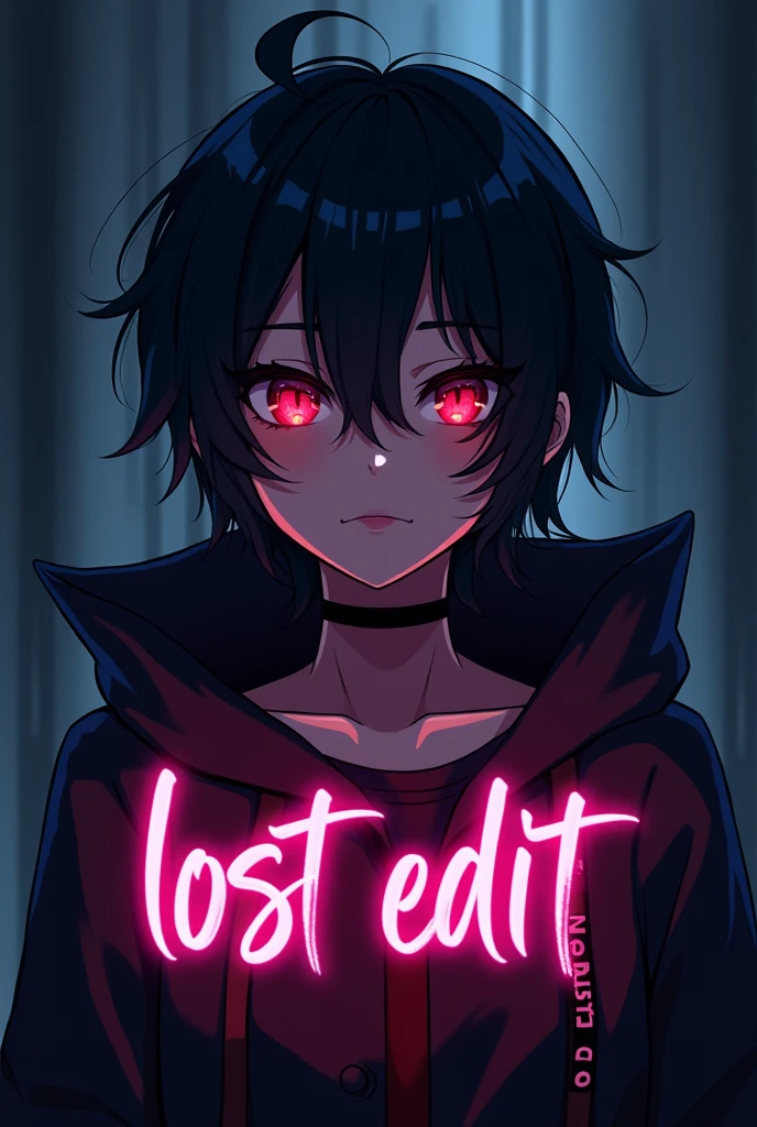 Create an Instagram profile picture with a dark, mysterious vibe. The image should feature an anime character with a unique, eye-catching appearance. The character should have striking eyes, a stylish hairstyle, and a confident expression. The background should be dark, with subtle patterns or gradients that enhance the character's presence. Include the text 'Lost Edit' in a stylish, glowing font, with colors that complement the character's design. Ensure the overall look is both captivating and professional."