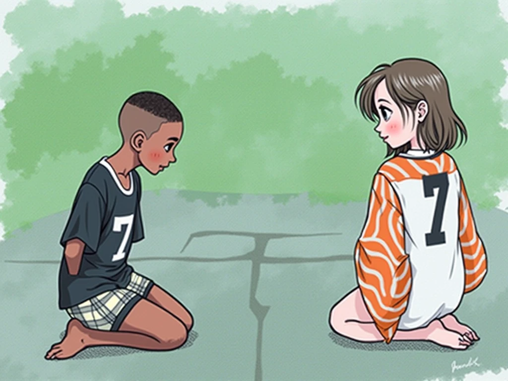 1980s retro hand drawn ink. A small black boy named Greg Burke kneeling on concrete with short close crop shaved hair, in an all-white number seven sports jersey, loose-fitting plaid cotton boxers shorts and a Japanese small girl named Ikari Yu with medium length brown hair wearing an orange stripe kimono.