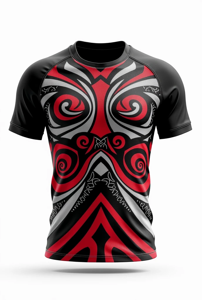 Create rugby jersey black round neck black red white Maori tribe pattern white background