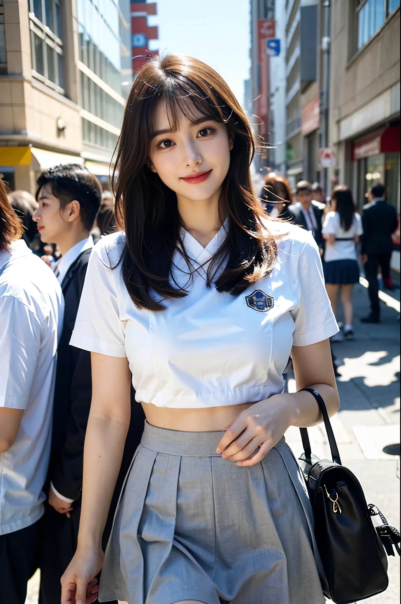 (8K, RAW photos, best quality, masterpiece:1.2), (Practical, photo-Practical:1.4), (extremely detailed 8K wallpaper), Clear focus, Depth of Field, Movie Lighting, Soft Light, Detailed beauty,shiny smooth light brown Long Bob hairstyle, Asymmetrical bangs, Glowing skin, Super delicate skin ,high resolution, High Detail, Detailed hairstyle, Detailed beauty face, hyper Practical, Perfect limbs, Perfect anatomical structure ,1 Japanese girl,Famous Japanese idols, Perfect female body, (Large Breasts:1.38),Smile,Short eyelashes,Double eyelids,Long Bob hairstyle, (Uniforms:1.3),(Mini Skirt Navy Mini Skirt), Looking at the audience, (Crowded city streets:1.3),Cowboy shooting