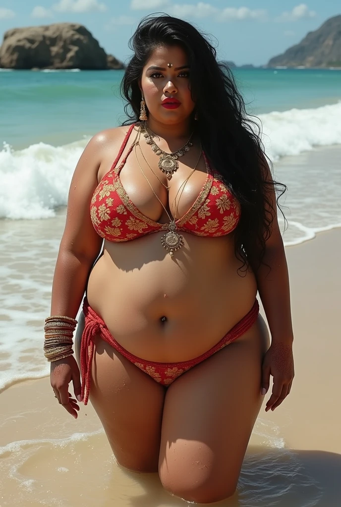 full body picture , BBW Wet curvy, wet Desi MOMMY showing her big ass in sexy sexy thong sexy pattern bikini and showing cleavage and in nose ring, many bangles in hands,earings, necklace ,lipstick ,navel,Indian, Chubby, showing her curves in sea water, sea waves , rocks