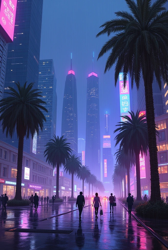Oil painting of a futuristic street, tall buildings in a distance,bright purple and blue lights, billboards, people walking on footpath, and cars on the street. Night time, raining, very realistic, a 5 palm trees in the walk way